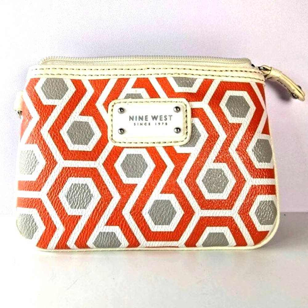 Nine West Faux Leather Wristlet Geometric Orange White Gray Clutch Handbag